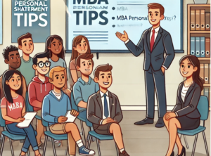 A cartoon of a friendly admissions consultant answering questions from a diverse group of MBA applicants, with a whiteboard labeled 'MBA Personal Statement Tips' in the background.